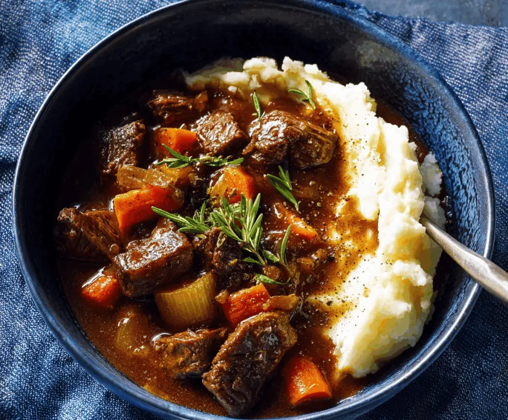 Hearty Guinness Beef Stew in a rustic bowl with tender beef chunks, vegetables, and rich gravy garnished with fresh herbs