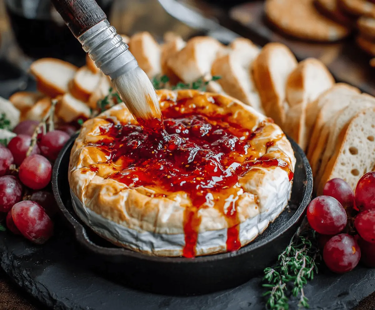 Spooky Halloween Bloody Baked Brie with melted cheese and creepy toppings for a festive party appetizer