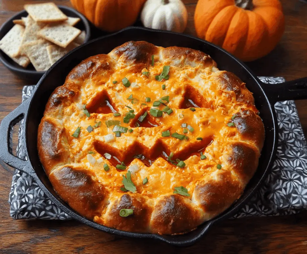 Spooky Halloween Buffalo Chicken Dip served with celery sticks and tortilla chips on a festive platter