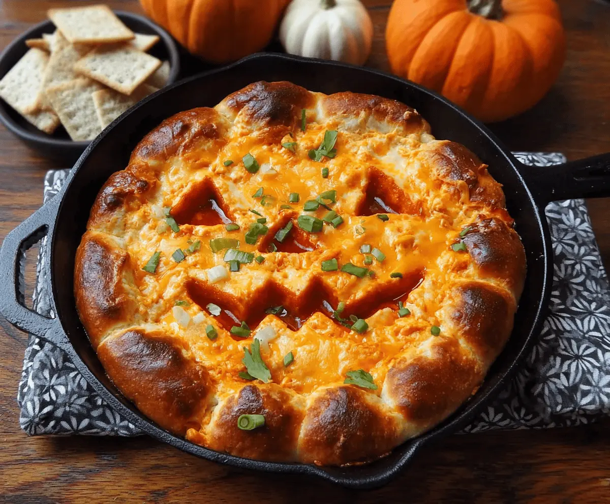 Spooky Halloween Buffalo Chicken Dip served with celery sticks and tortilla chips on a festive platter