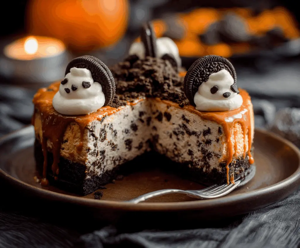 Delicious Halloween Cookies and Cream Cheesecake topped with spooky decorations and crushed cookies on a festive plate