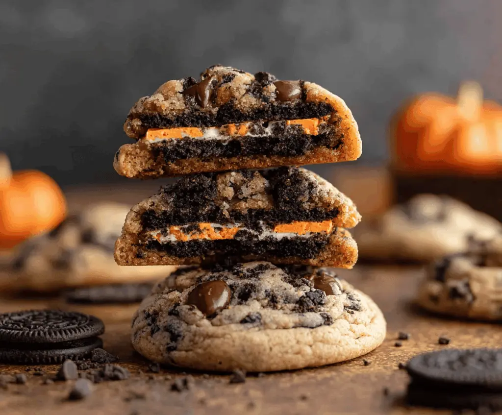Delicious Halloween Oreo stuffed chocolate chip cookies with spooky decorations and colorful candies, perfect for Halloween treats