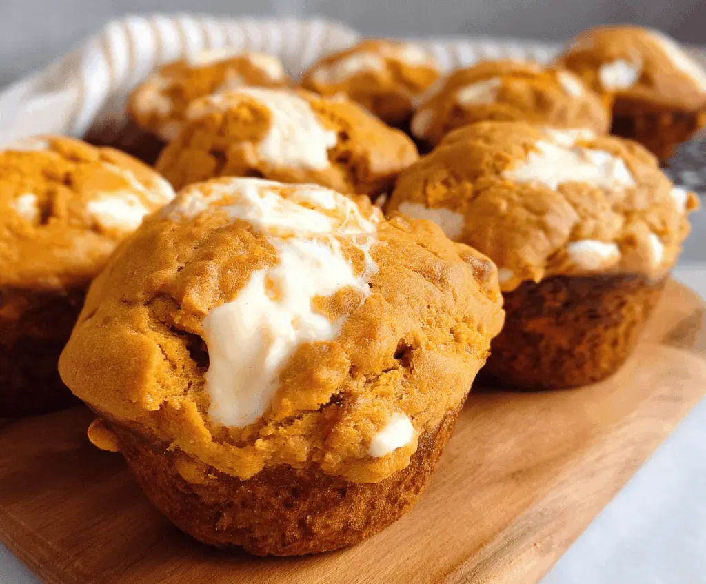 Freshly baked healthy pumpkin cream cheese muffins on a plate, featuring moist pumpkin-flavored muffins with creamy cheese filling, perfect for fall breakfast or snack.
