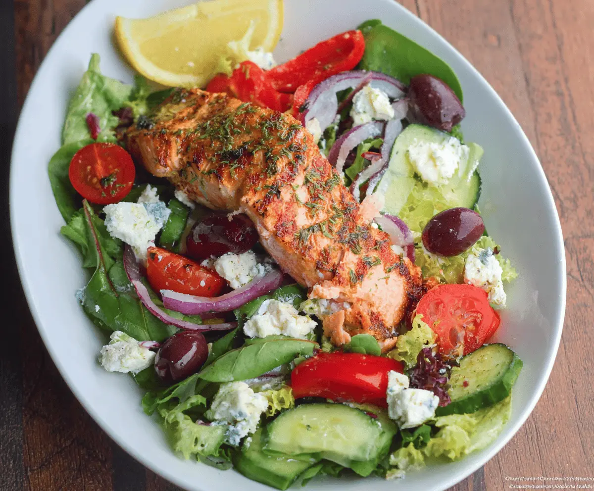 Fresh and healthy salmon salad with vibrant vegetables and greens, perfect for a nutritious meal.