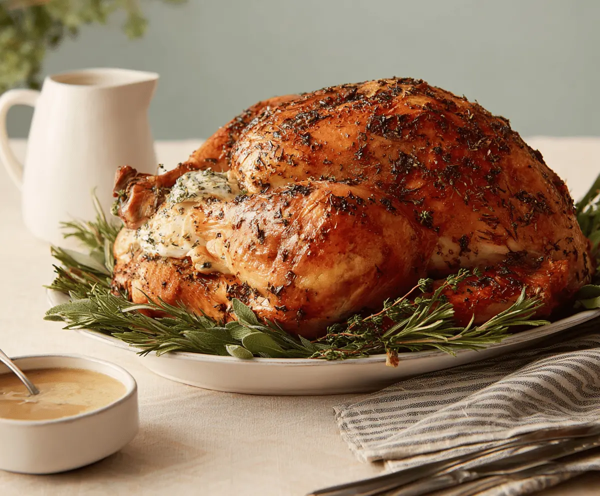 Juicy Herb Butter Roasted Turkey garnished with fresh herbs and golden crispy skin, perfect for holiday feasts.