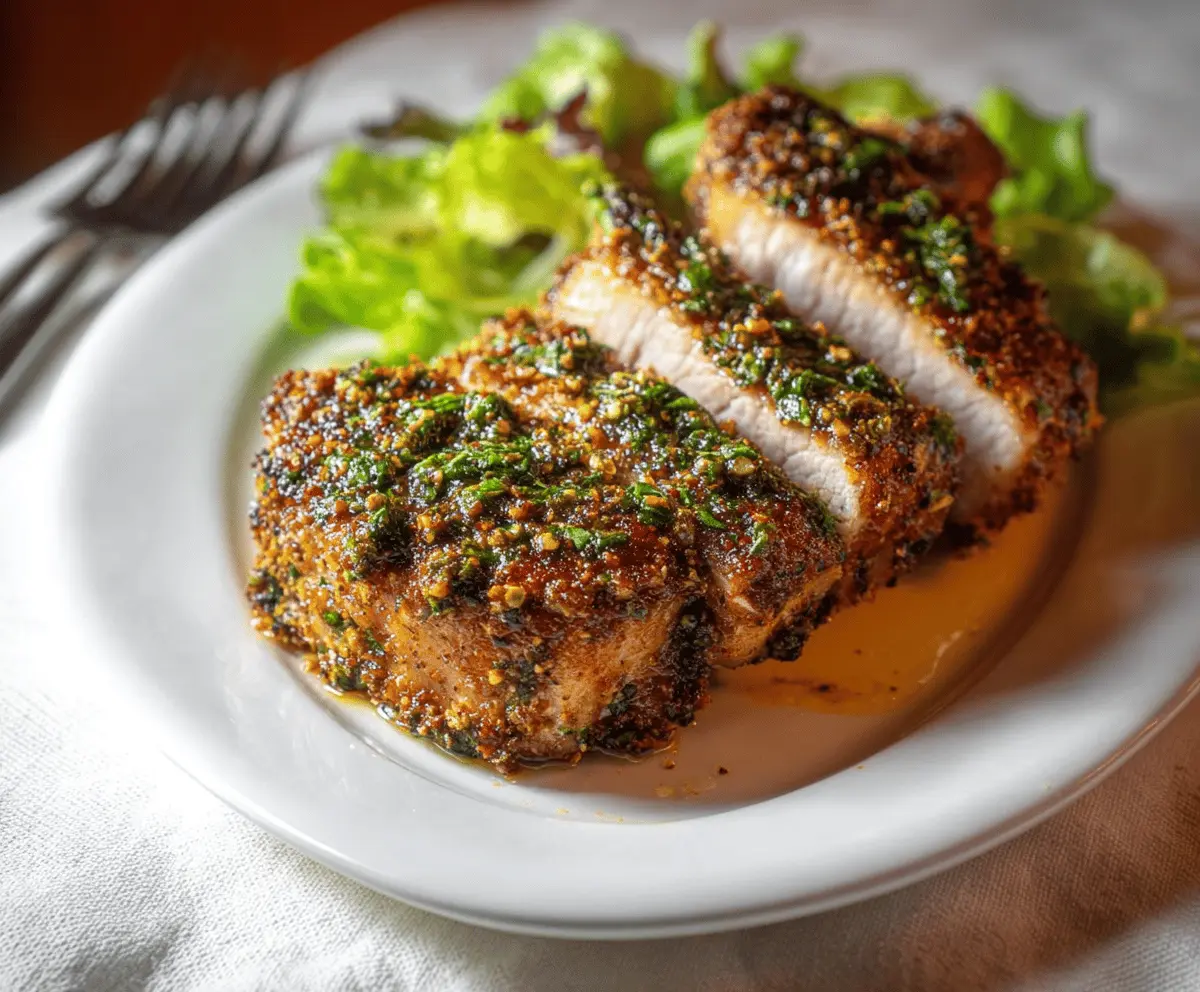Juicy herb-crusted pork chops garnished with fresh herbs, served on a plate with a side of vegetables