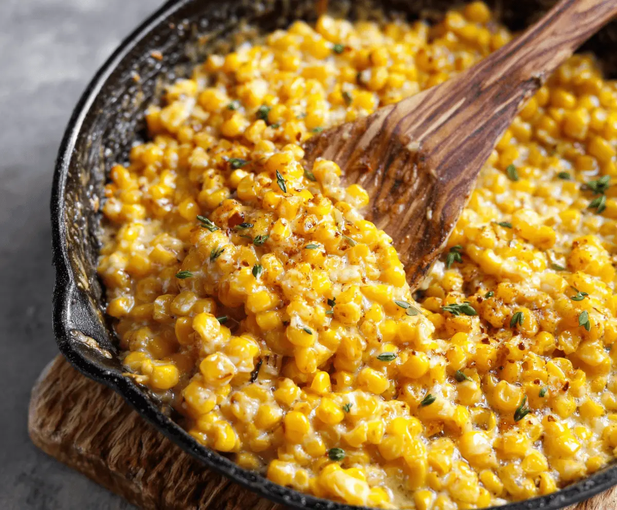 Creamy honey butter skillet corn served as a delicious side dish.