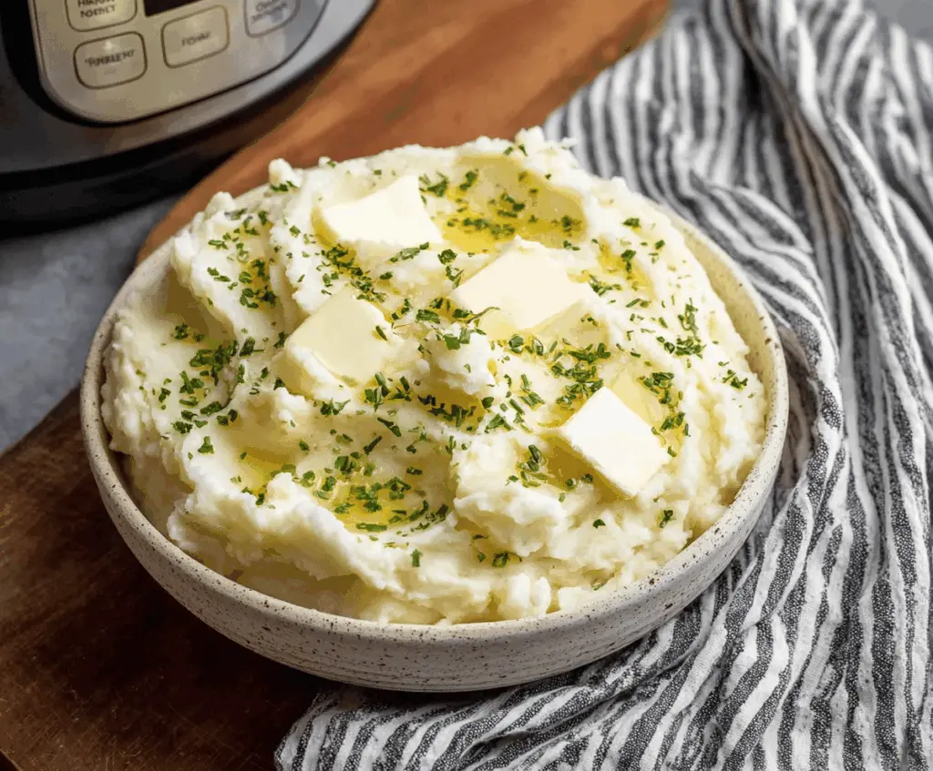 Creamy and fluffy Instant Pot mashed potatoes served in a white bowl, garnished with fresh herbs.