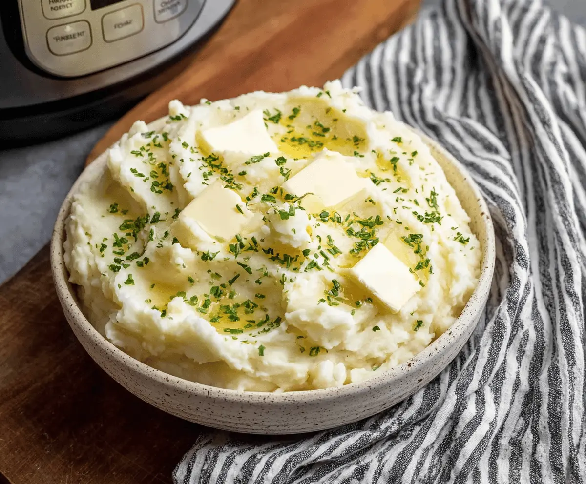 Creamy and fluffy Instant Pot mashed potatoes served in a white bowl, garnished with fresh herbs.