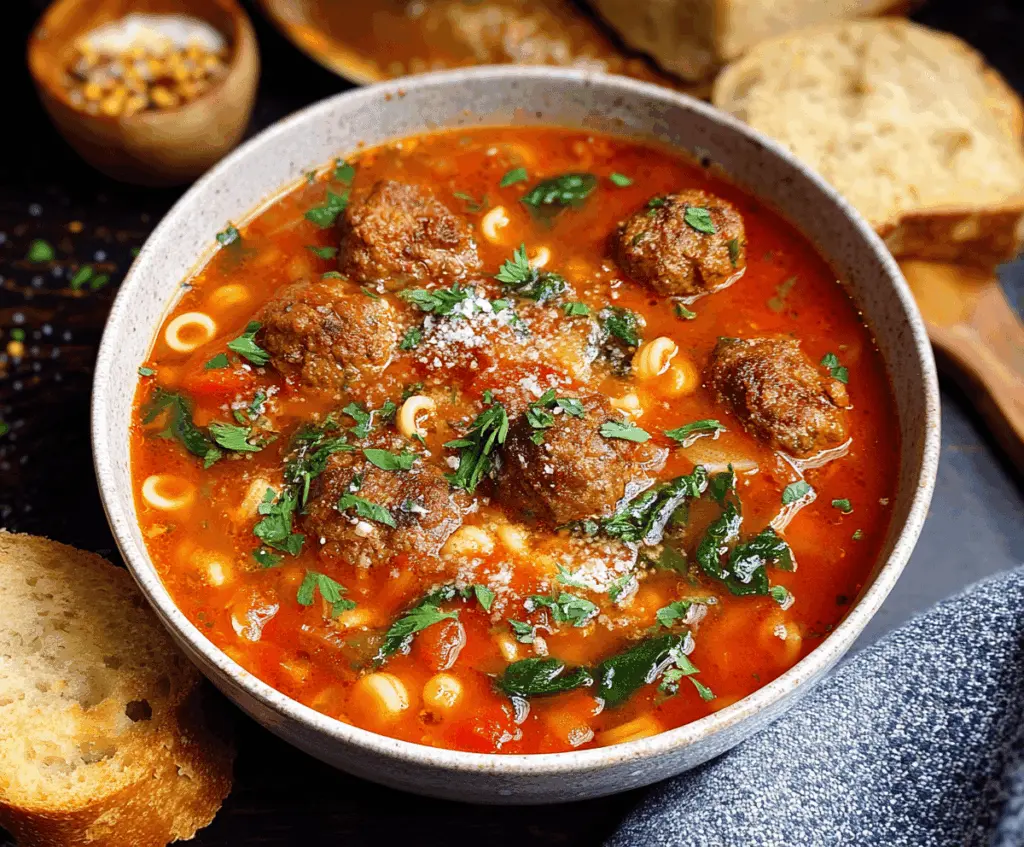 Hearty Italian Meatball Soup with fresh herbs, vegetables, and tender meatballs in a flavorful broth