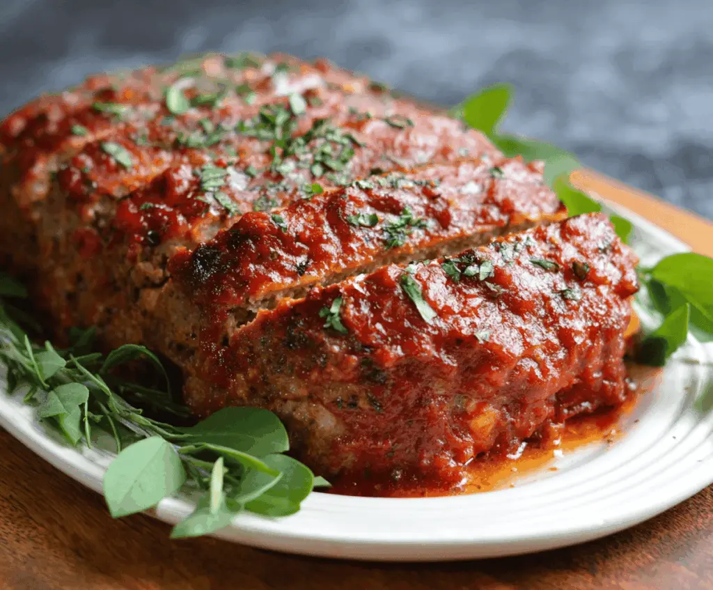 Delicious Italian meatloaf garnished with fresh herbs and served with roasted vegetables on a white plate.