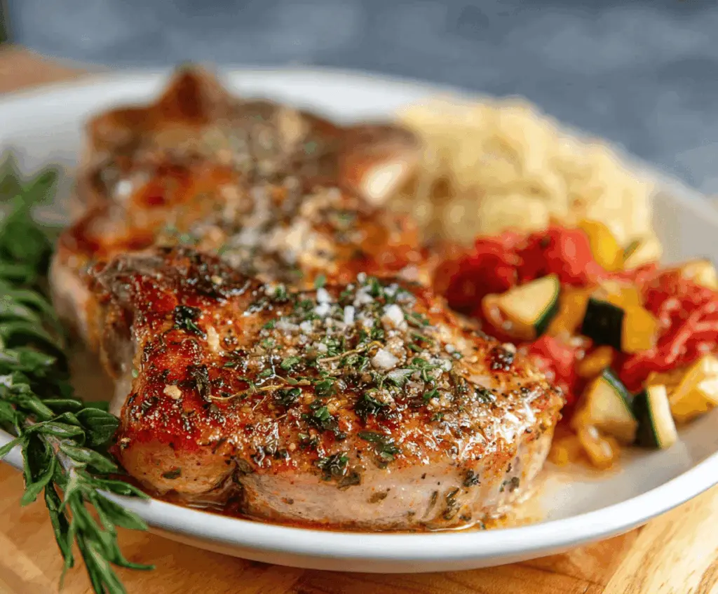 Juicy Italian Pork Chops served with fresh herbs and roasted vegetables on a rustic plate