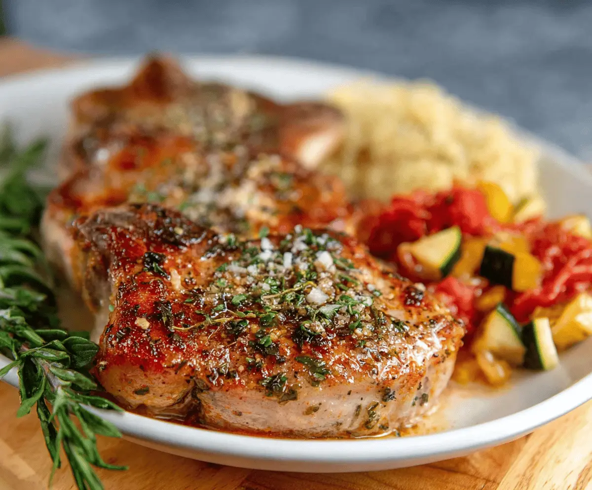 Juicy Italian Pork Chops served with fresh herbs and roasted vegetables on a rustic plate