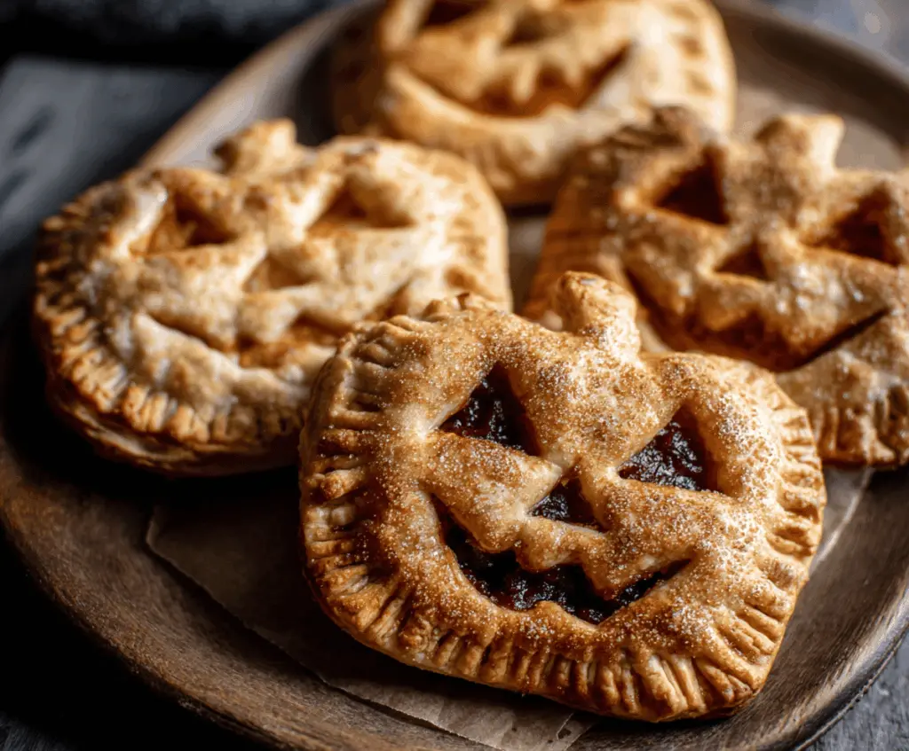 Delicious Jack O Lantern hand pies with spooky pumpkin face design, perfect for Halloween treats and festive celebrations