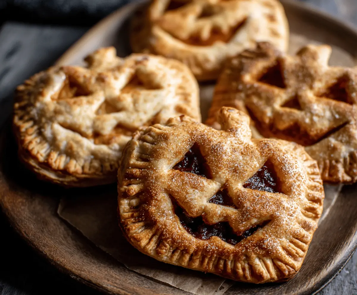 Delicious Jack O Lantern hand pies with spooky pumpkin face design, perfect for Halloween treats and festive celebrations