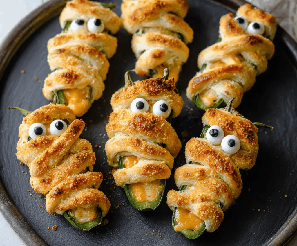 Delicious Jalapeño Popper Mummies featuring crispy puff pastry wrapped around spicy jalapeños and creamy cheese filling, perfect for Halloween parties