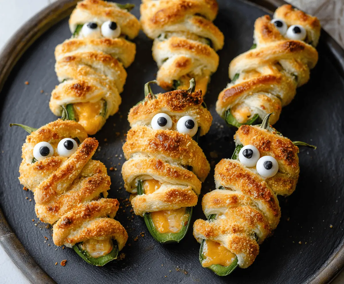 Delicious Jalapeño Popper Mummies featuring crispy puff pastry wrapped around spicy jalapeños and creamy cheese filling, perfect for Halloween parties