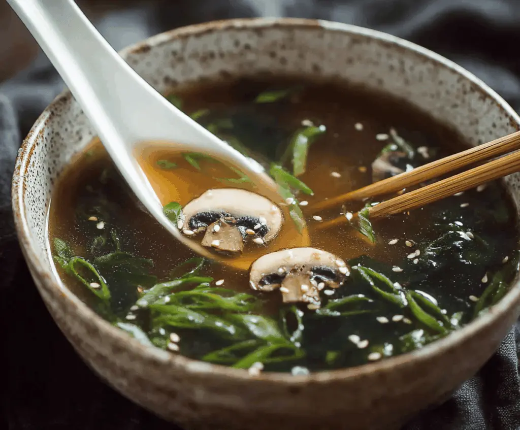 A bowl of traditional Japanese clear soup featuring delicate broth, fresh green onions, and seasonal vegetables, served in a traditional bowl.