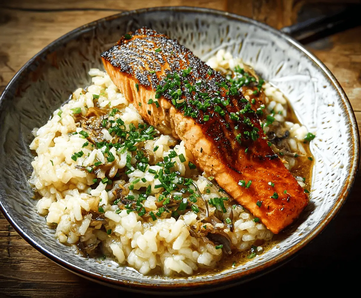 Creamy Japanese-style risotto topped with perfectly seared salmon fillet, garnished with green onions and sesame seeds.