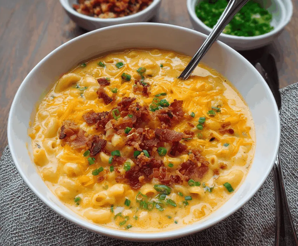 Creamy and cheesy mac and cheese soup served in a bowl with melted cheese and pasta, perfect for comfort food lovers.