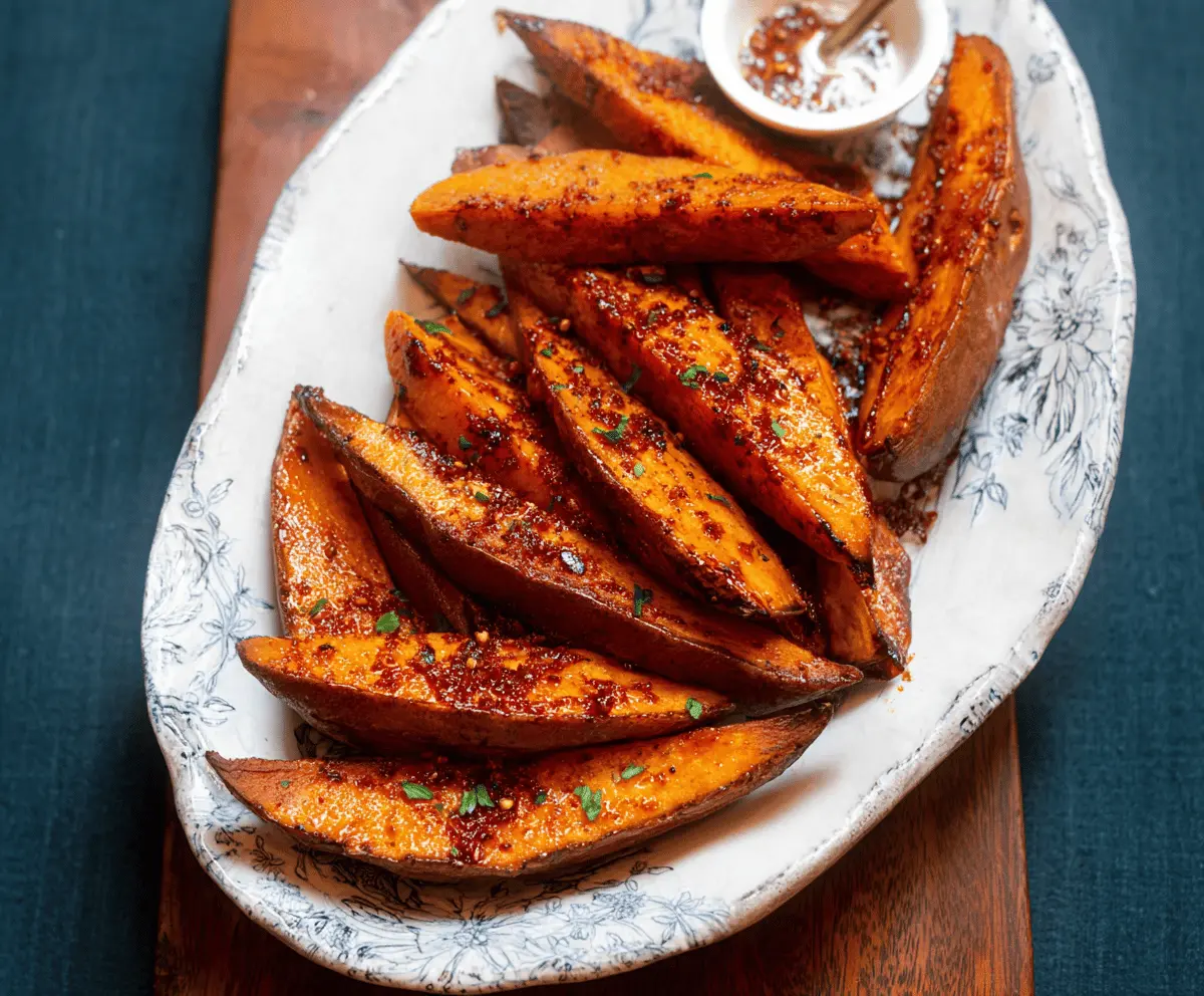 Delicious maple chili glazed sweet potato wedges on a rustic wooden plate, garnished with fresh herbs, perfect for a flavorful and healthy snack or side dish.