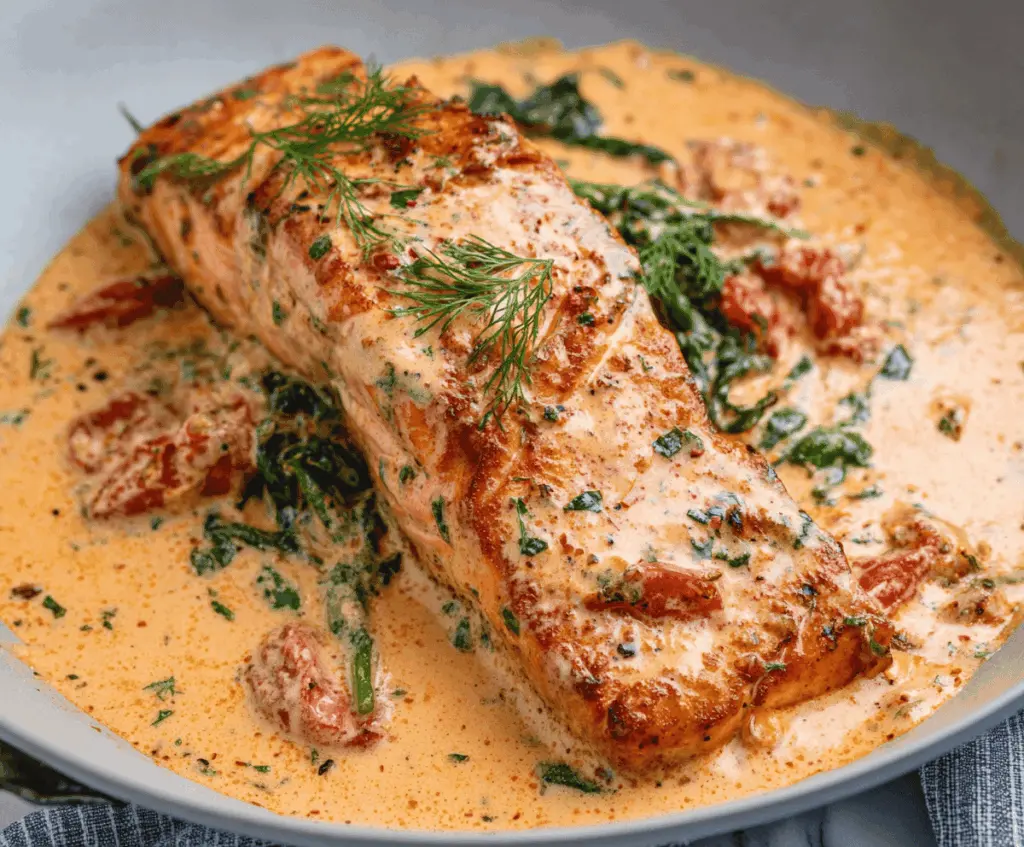 Creamy salmon fillet topped with a rich tomato herb sauce, garnished with fresh herbs for a flavorful Marry Me Salmon dish.