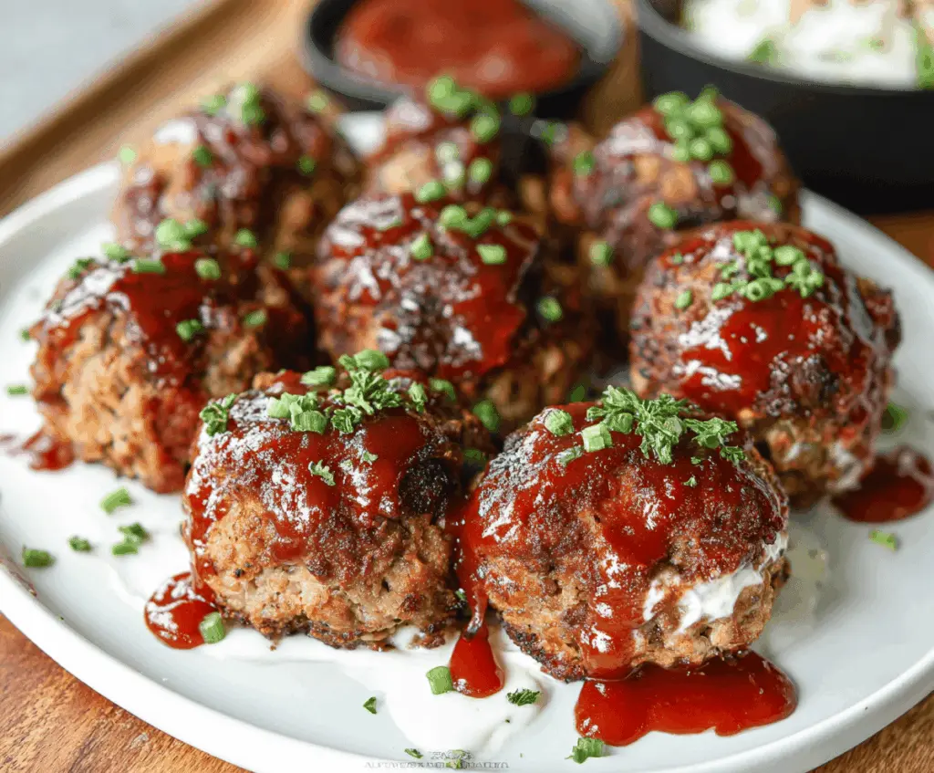 Delicious homemade meatloaf bites served on a white plate with fresh herbs, perfect for snacking or entertaining