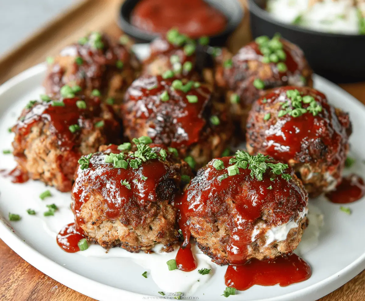 Delicious homemade meatloaf bites served on a white plate with fresh herbs, perfect for snacking or entertaining