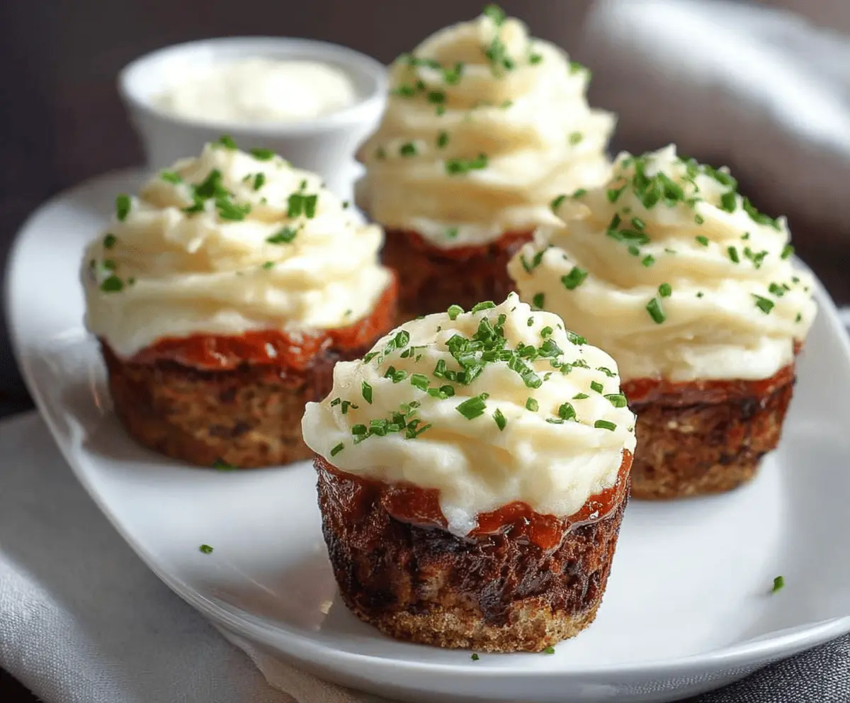 Delicious meatloaf cupcakes topped with creamy mashed potato frosting on a platter.