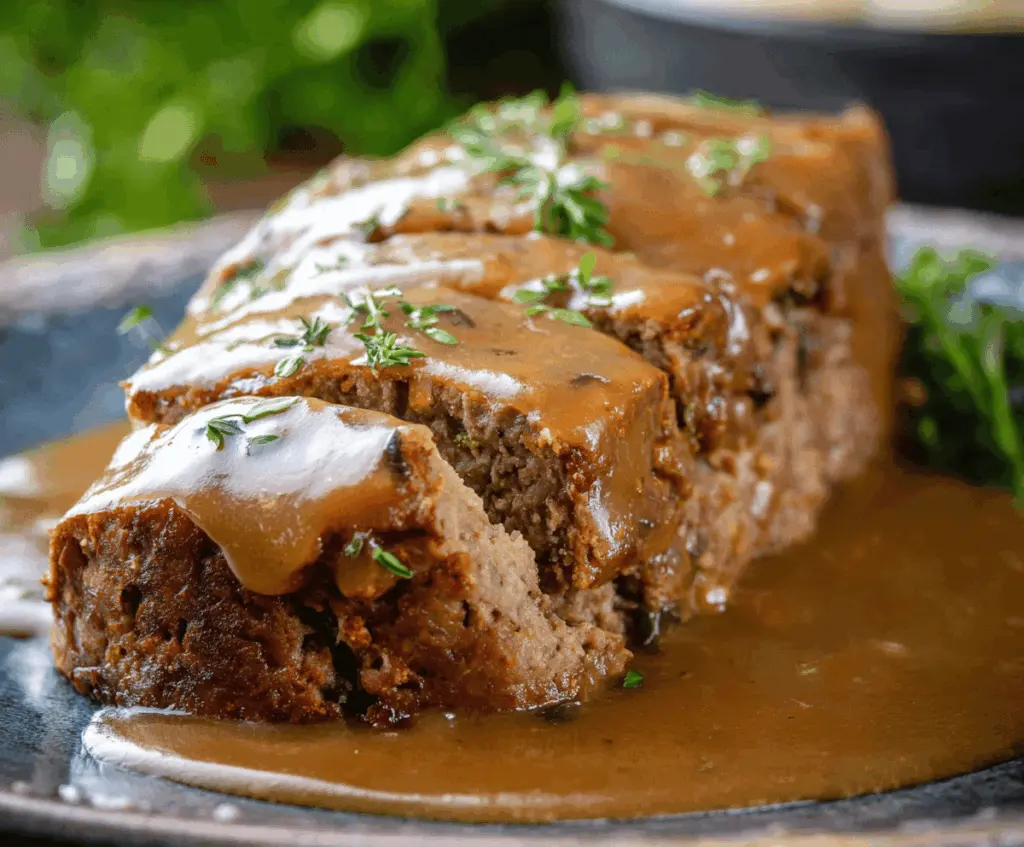 Delicious homemade meatloaf topped with rich brown gravy served on a plate, garnished with fresh herbs