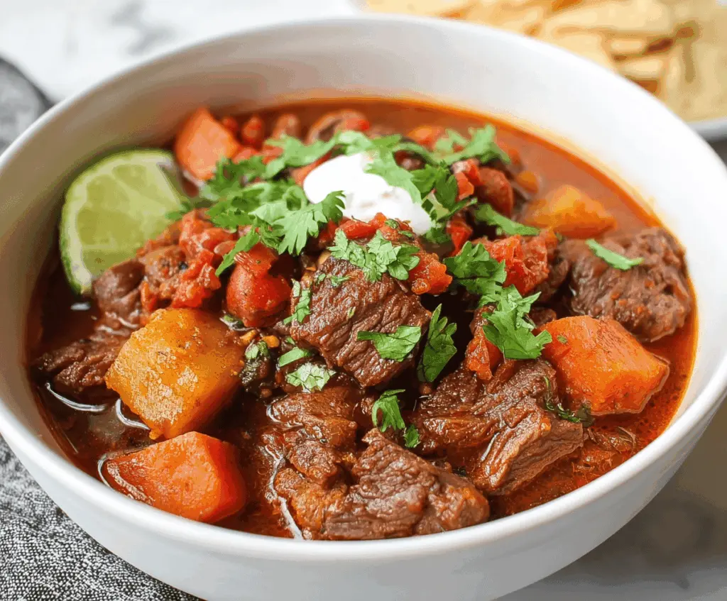 Hearty Mexican beef stew with tender beef chunks, vegetables, and flavorful spices served in a rustic bowl.