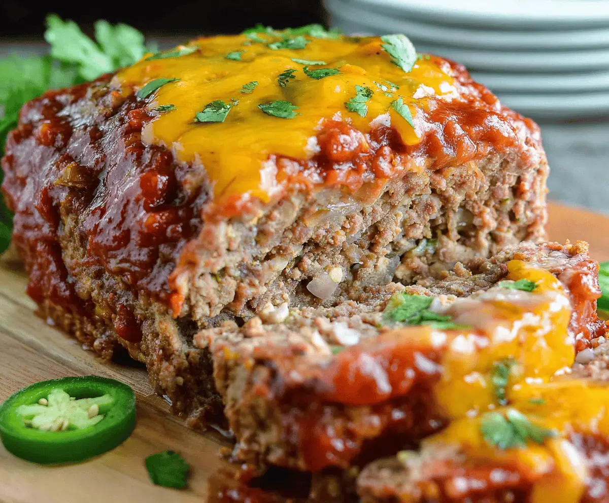 Juicy Mexican Meatloaf topped with melted cheese, garnished with fresh cilantro and served with a side of vibrant salsa, perfect for a flavorful dinner.