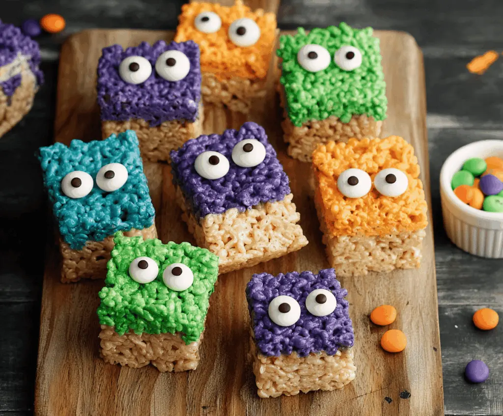 Colorful Monster Rice Krispie Treats decorated with vibrant icing and candy eyes, perfect for Halloween parties