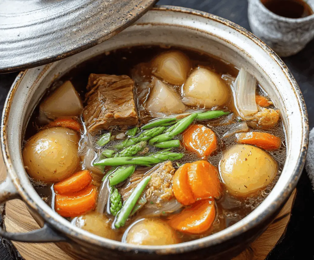 Delicious Japanese Nikujaga in a single pot, featuring tender beef, potatoes, carrots, and onions simmered in savory soy-based broth, ready to serve.