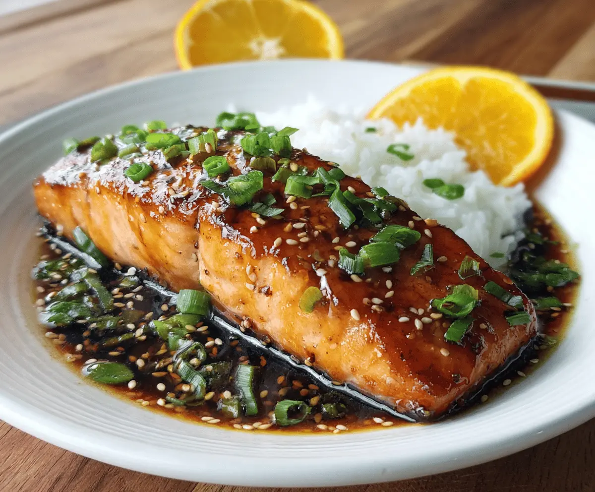 Juicy orange glazed teriyaki salmon fillet served with fresh citrus slices and garnished with sesame seeds on a white plate.