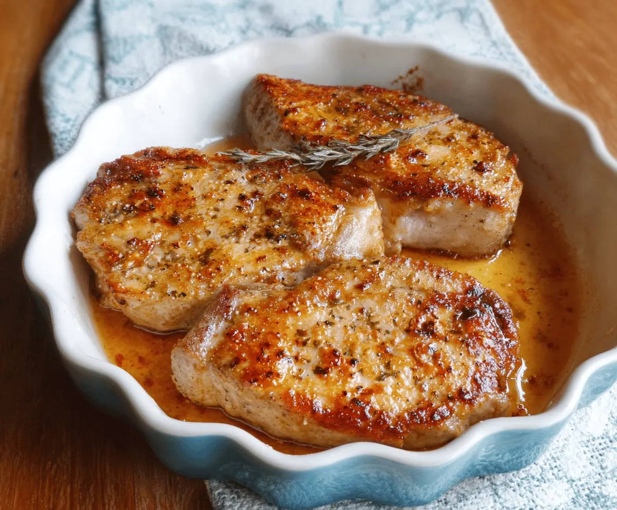 Juicy oven-baked pork chops with crispy golden crust served on a plate with herbs and vegetables