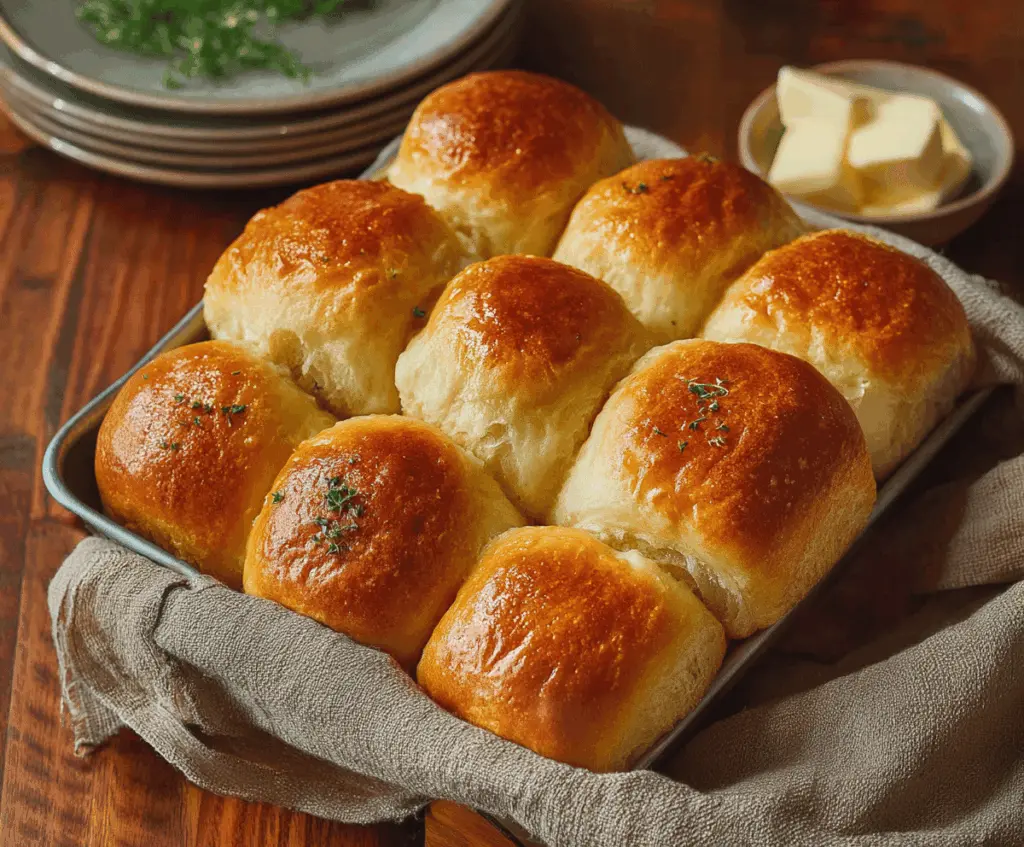 Golden, freshly baked Parker House dinner rolls with soft, buttery interiors and a slightly crispy exterior, perfect for sharing.