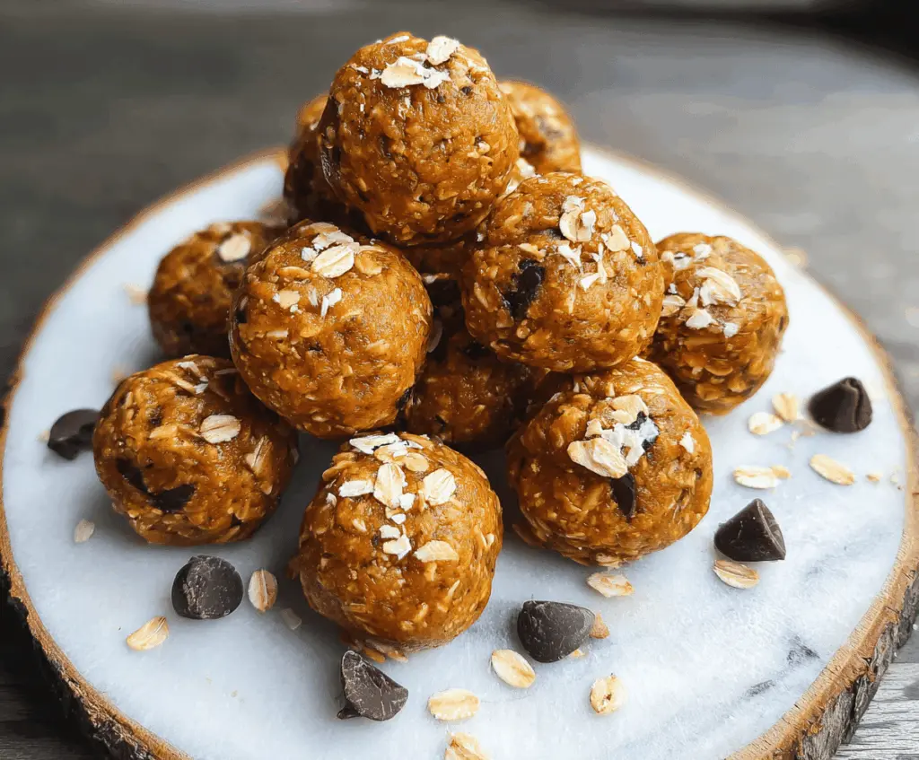 Delicious homemade Peanut Butter Pumpkin Protein Balls on a white plate, featuring a rich, nutty, and seasonal fall flavor perfect for healthy snacks
