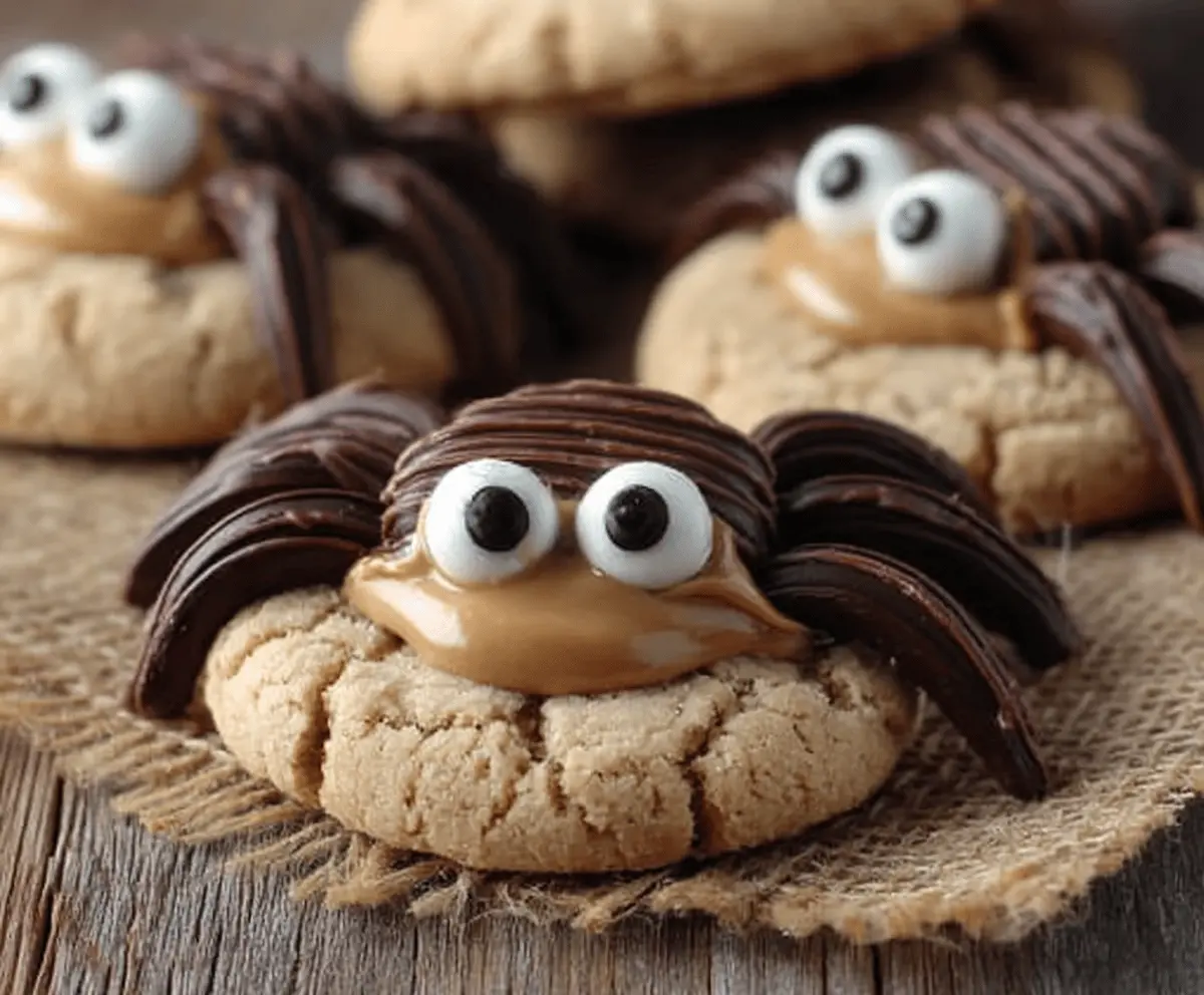 Delicious homemade Peanut Butter Spider Cookies topped with chocolate and candy eyes, perfect for Halloween treats.