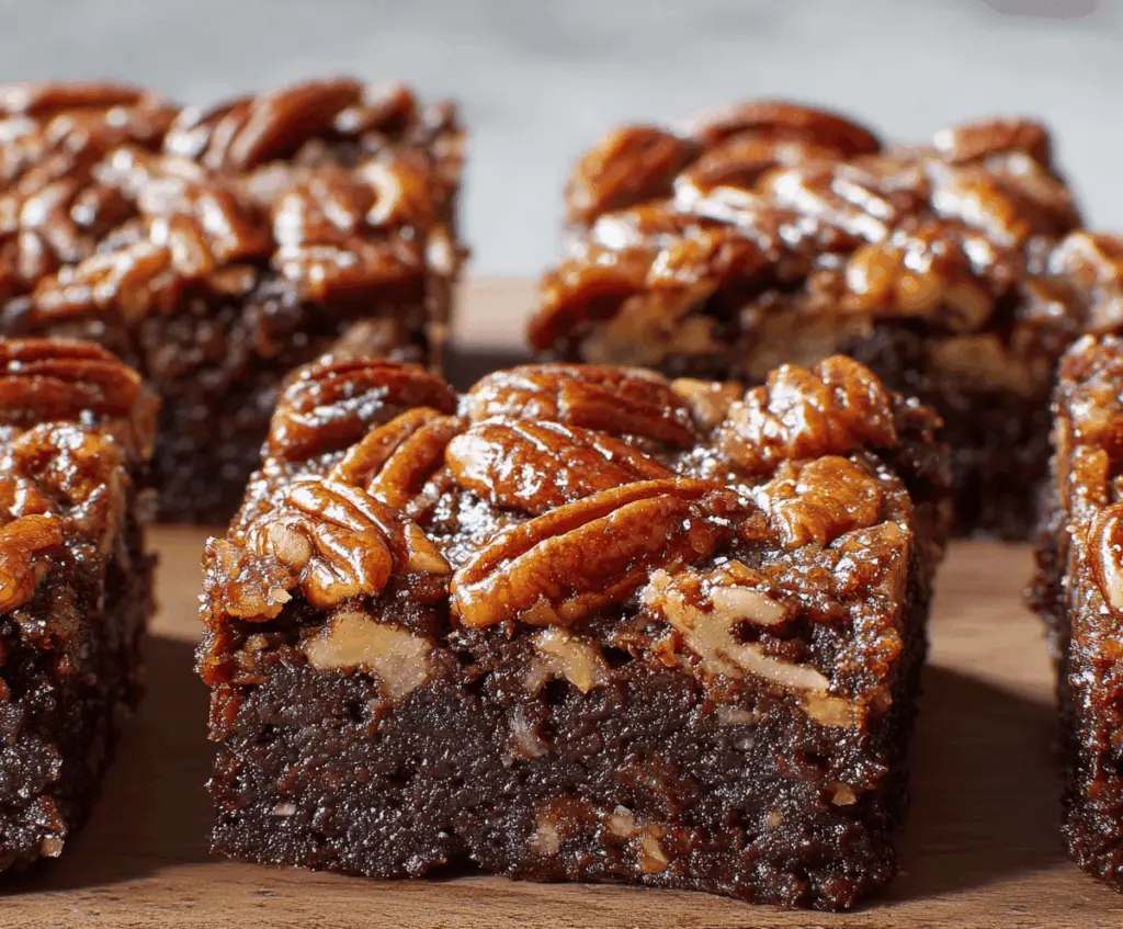 Delicious Pecan Pie Brownies with a rich chocolate base, topped with caramelized pecans and a glossy finish, perfect for dessert lovers