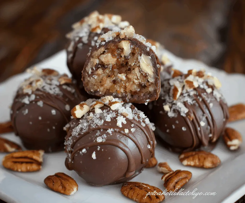 Delicious Pecan Pie Truffles with a rich chocolate coating and crunchy pecan topping