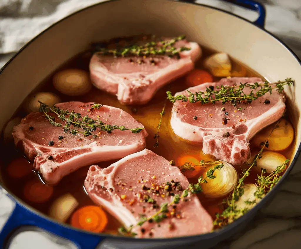 Juicy pork chops soaking in a flavorful brine mixture, ready for grilling or baking