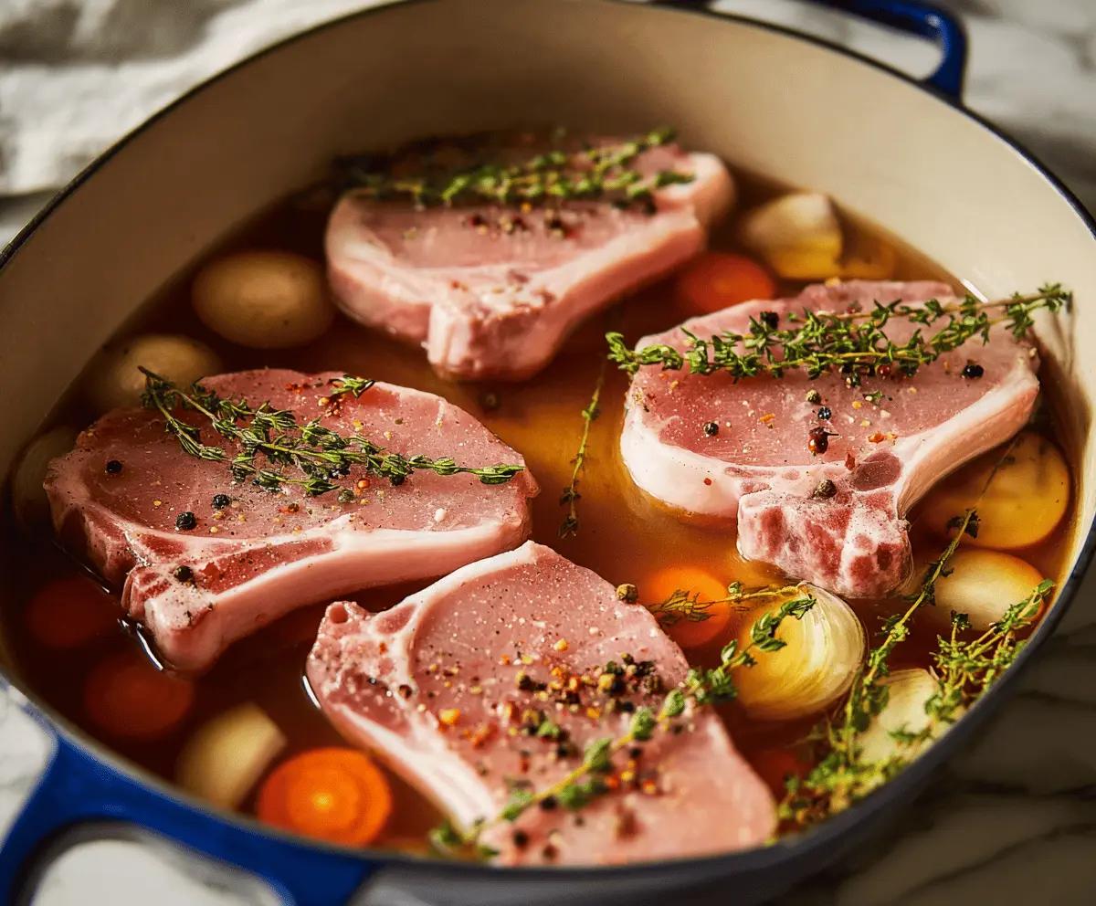 Juicy pork chops soaking in a flavorful brine mixture, ready for grilling or baking