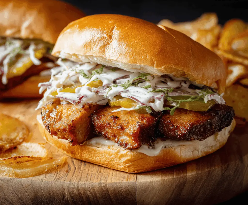 Delicious pork chop sandwiches with crispy breading, fresh lettuce, tomato slices, and tangy sauce on toasted buns
