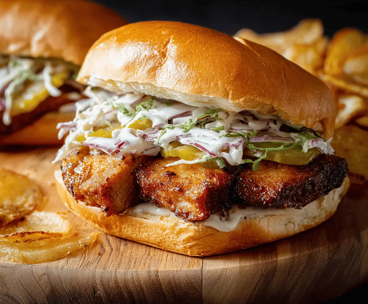 Delicious pork chop sandwiches with crispy breading, fresh lettuce, tomato slices, and tangy sauce on toasted buns