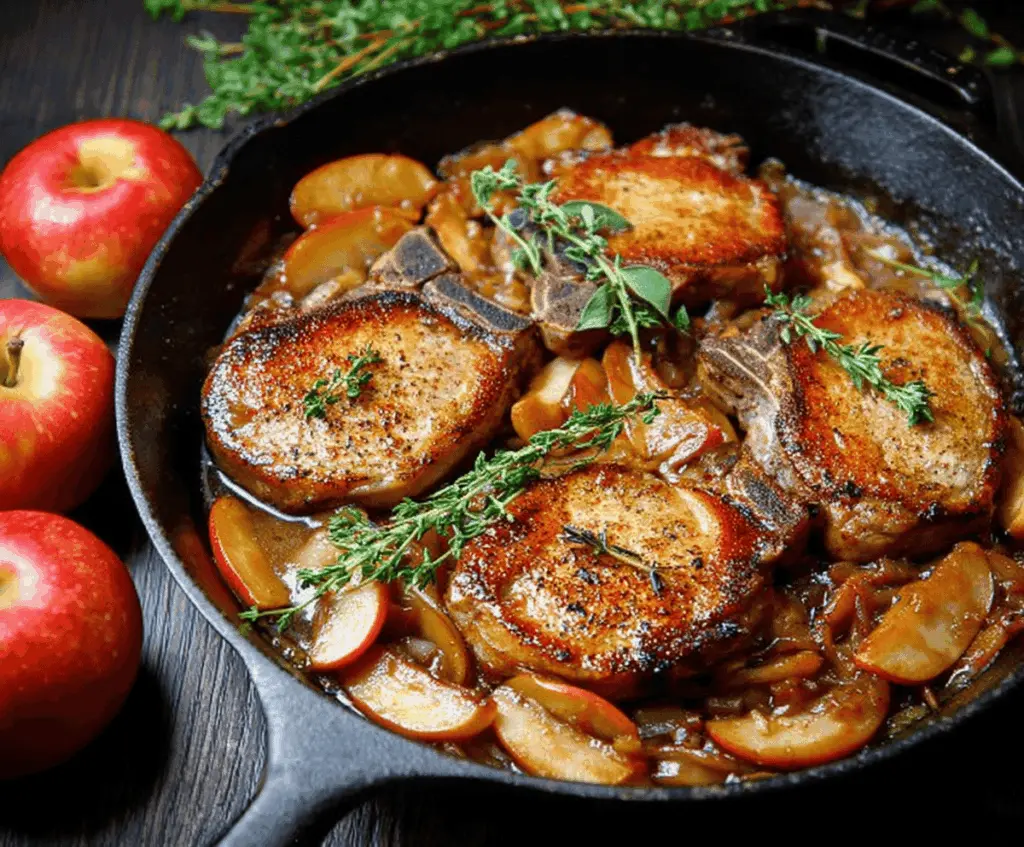 Juicy pork chops cooked with flavorful apple cider sauce, garnished with fresh herbs.