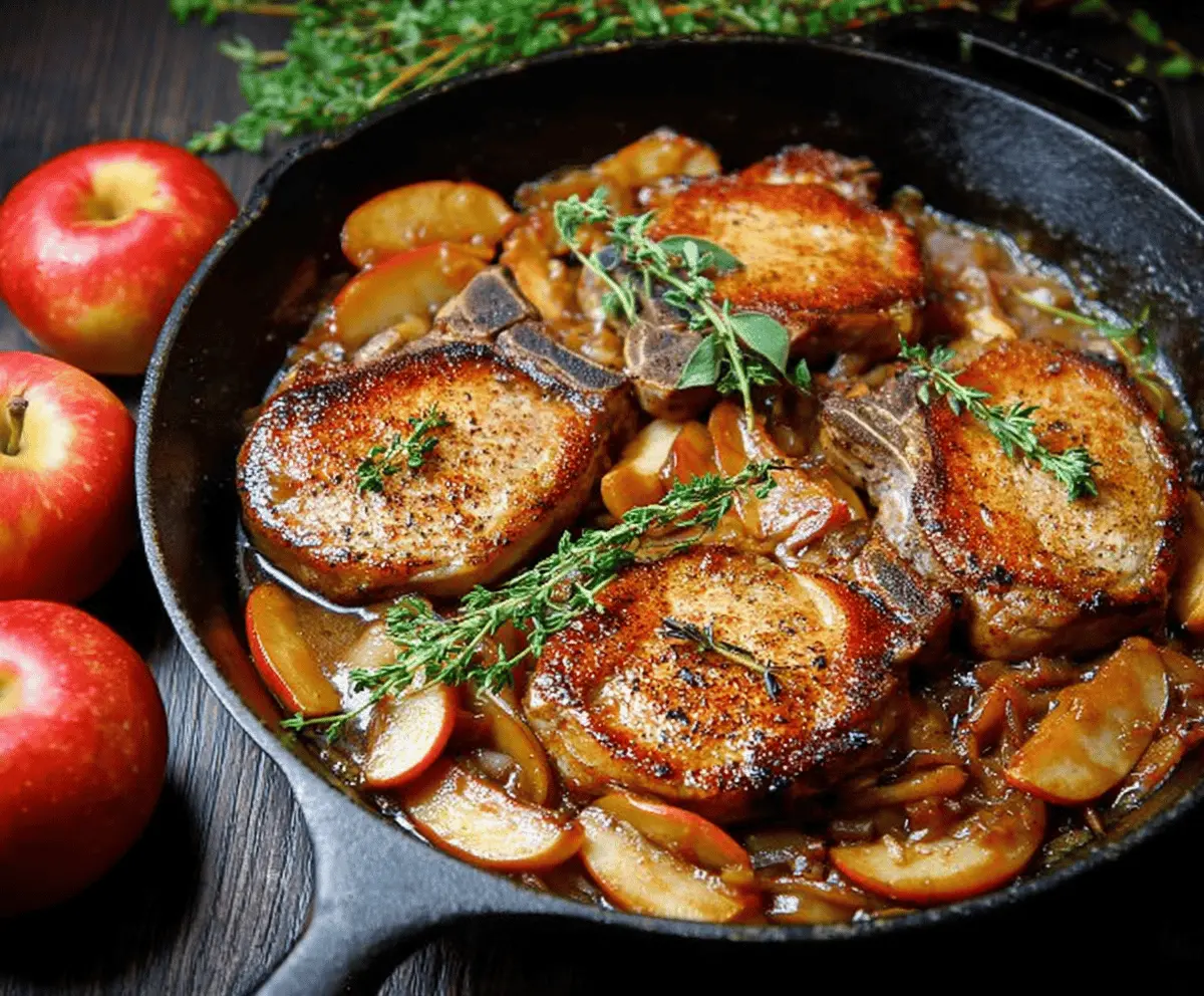 Juicy pork chops cooked with flavorful apple cider sauce, garnished with fresh herbs.