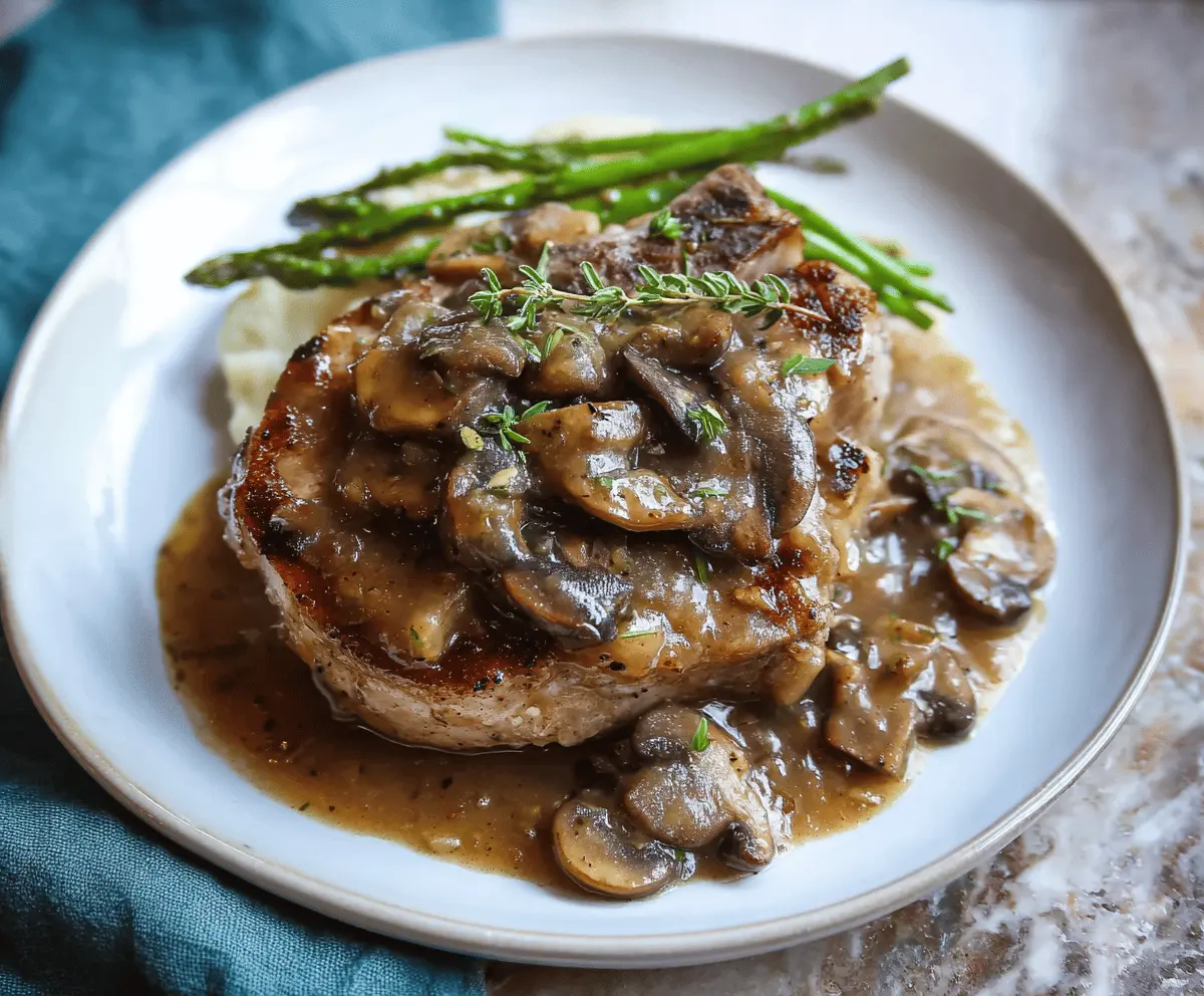 Juicy pork chops topped with savory mushroom gravy served on a plate with fresh herbs, perfect for a comforting dinner.