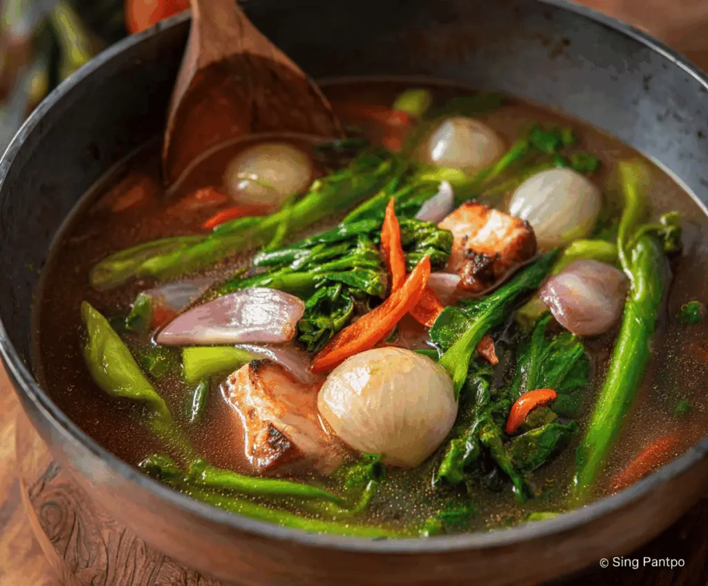 Delicious Pork Sinigang in a bowl with vegetables and broth, traditional Filipino sour soup recipe