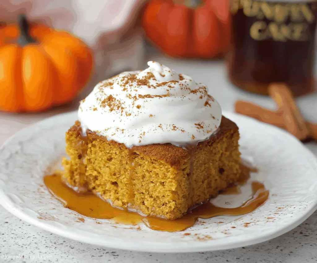 Delicious pumpkin 3-ingredient cake topped with whipped cream, perfect for fall desserts and easy to make